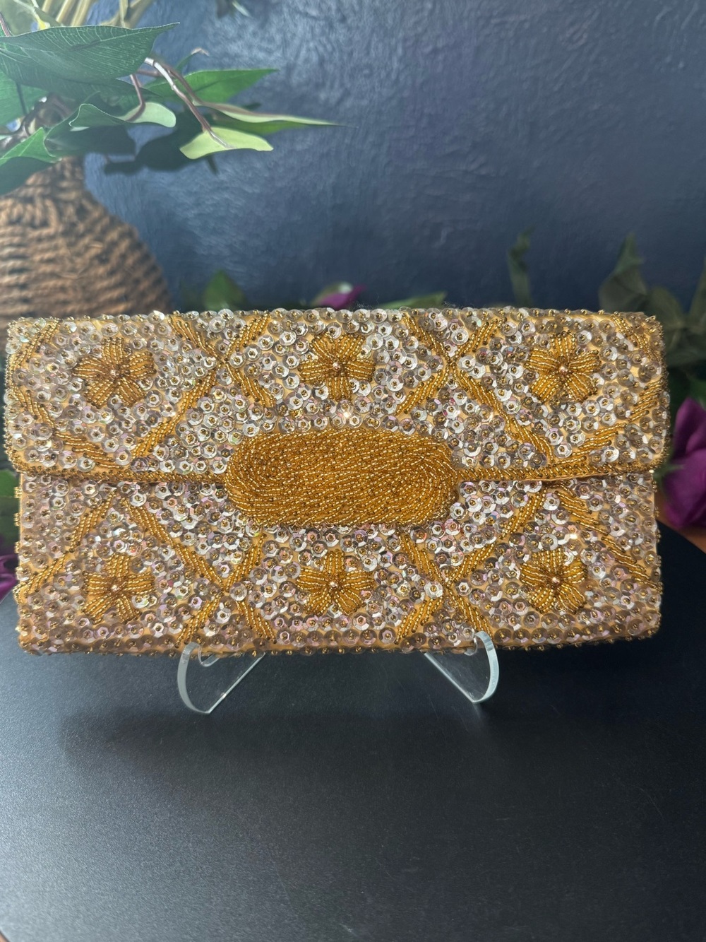 Delill Vintage Mid-Century Gold Beaded Clutch
